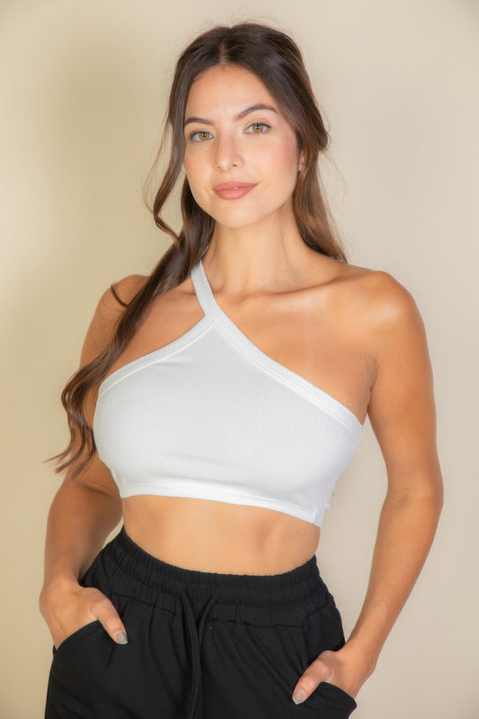 One Shoulder Ribbed Cropped Top | APPAREL, Black, CCPRODUCTS, Fuchsia, NEW ARRIVALS, Royal, TOPS, White | Style Your Curves