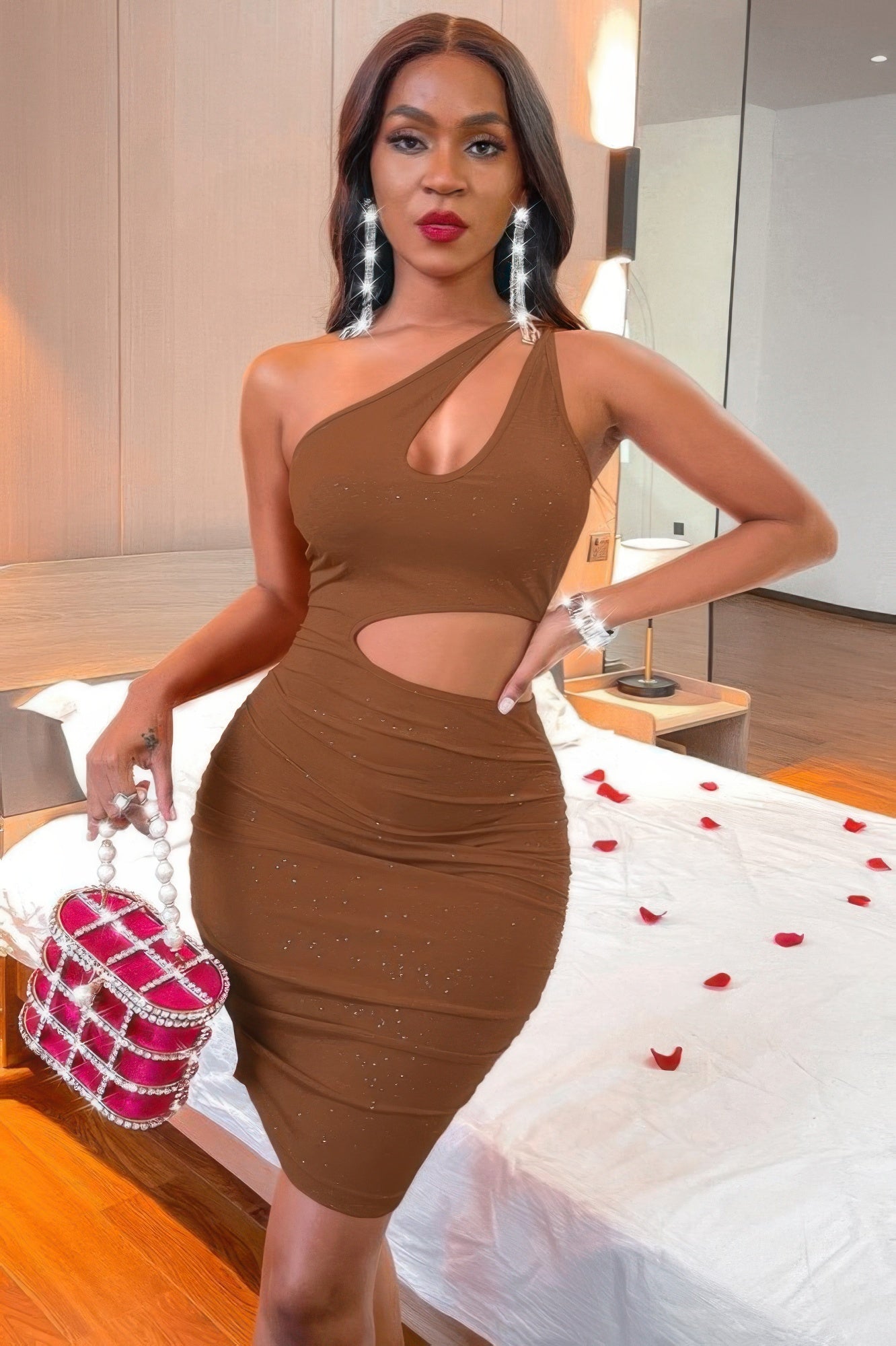 One Shoulder Sleeveless Cutout Bodycon Dress | SBA, Coffee / L One Shoulder Sleeveless Cutout Bodycon Dress | SBA, Coffee / L