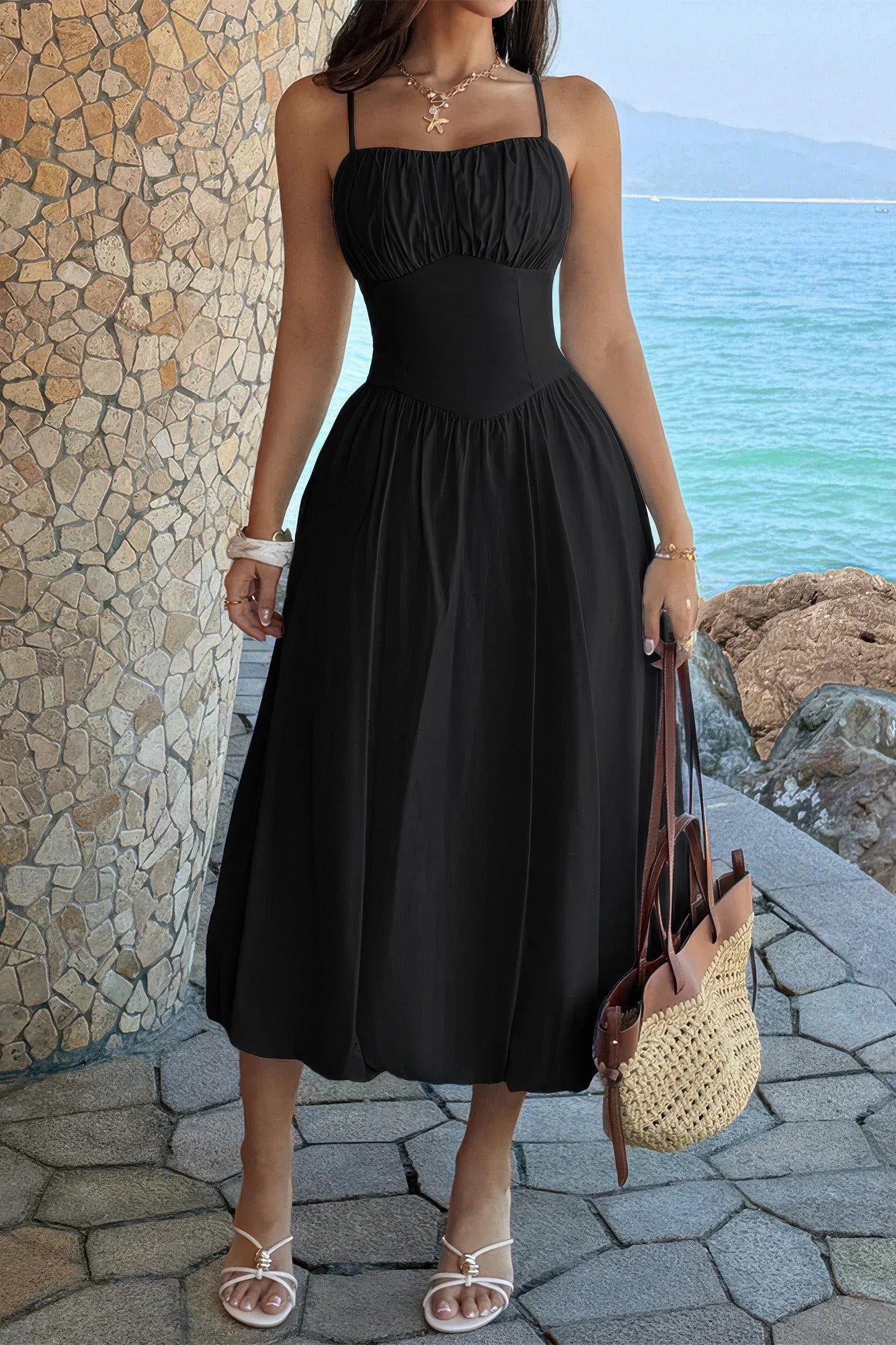 Solid Sleeveless Ruched Bust A Line Dress Black / M