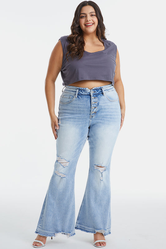 BAYEAS Full Size Distressed Raw Hem High Waist Flare Jeans | BAYEAS, NEW ARRIVALS, Ship from USA | Trendsi