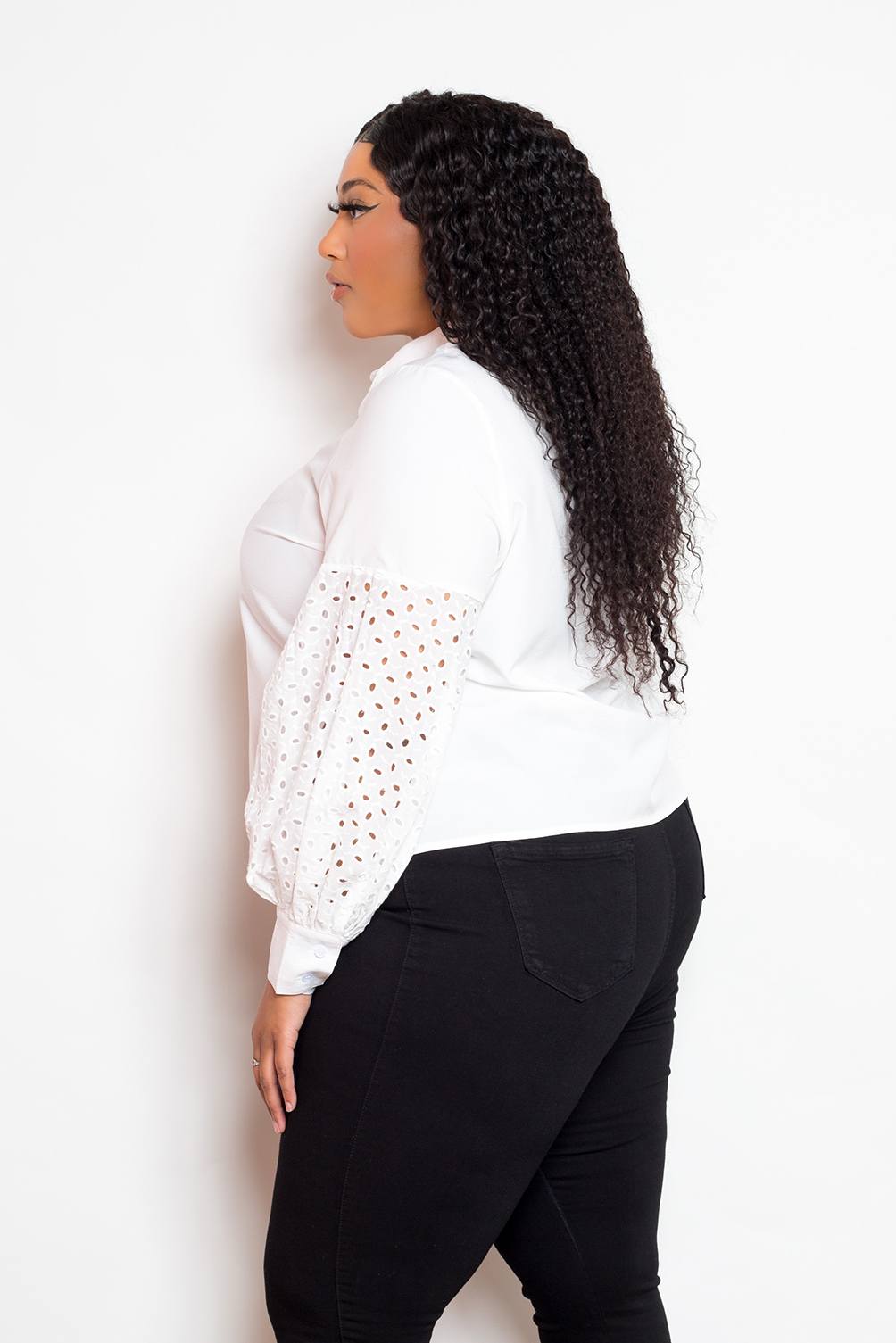 Blouse With Punched Sleeves | Black, PLUS SIZE, PLUS SIZE TOPS, SALE, SALE PLUS SIZE, White | Style Your Curves