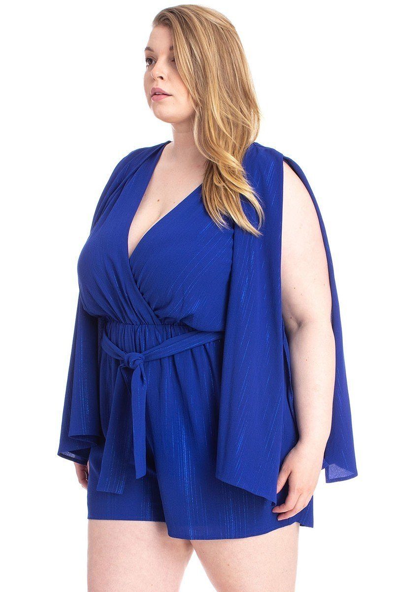 Shimmer Fabric Draped Open Sleeve Romper | Ivory, PLUS SIZE, PLUS SIZE JUMPSUITS & ROMPERS, Royal, SALE, SALE PLUS SIZE, Yellow | Style Your Curves
