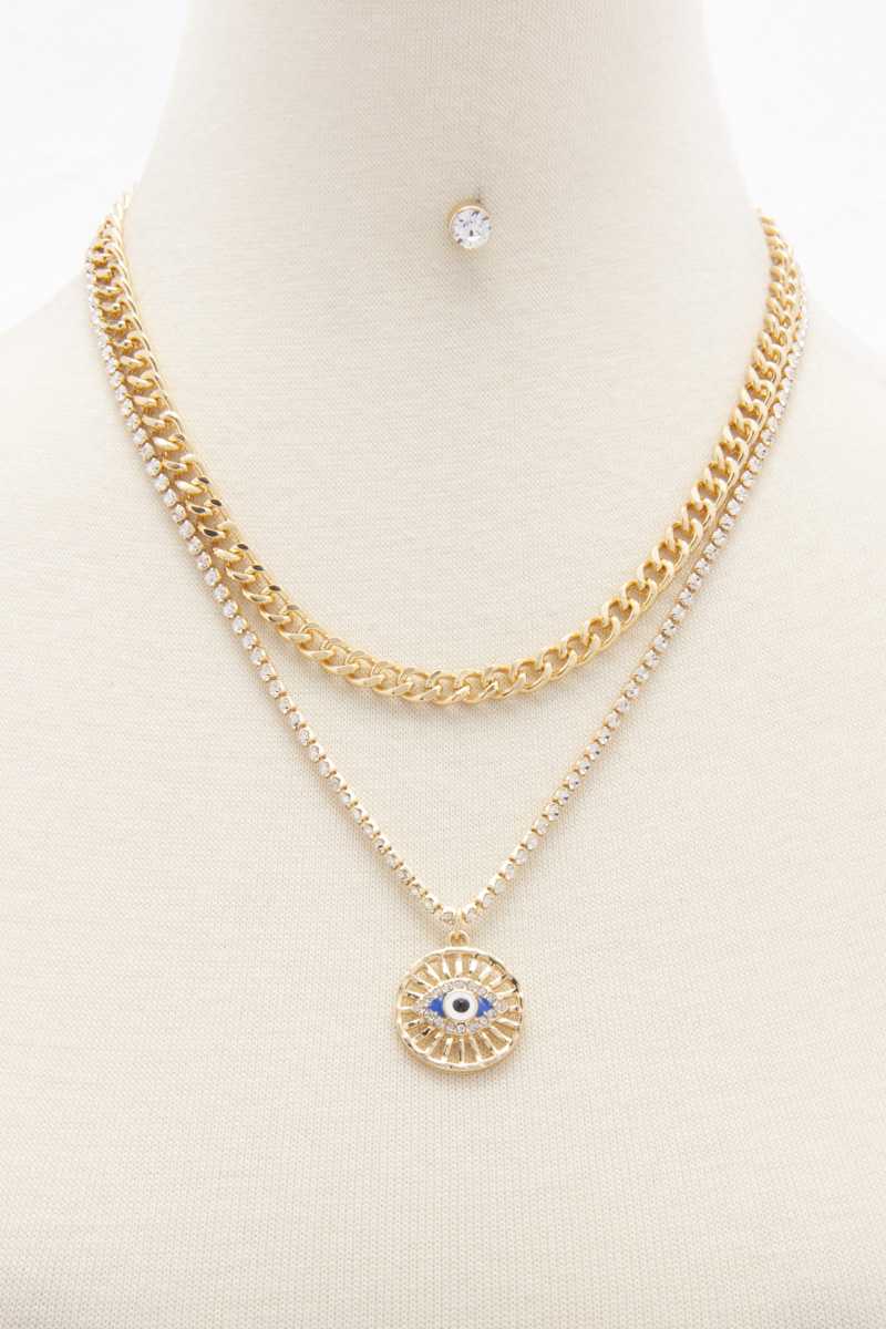 Eye Charm Rhinestone Layered Necklace | Gold, JEWELRY, NECKLACES, RESTOCKED POPULAR ITEMS, SALE, SALE JEWELRY | Style Your Curves