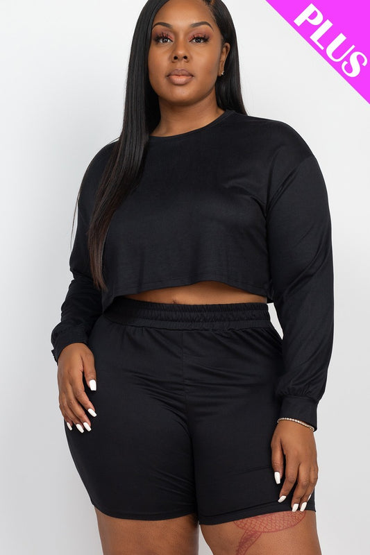 Plus Size Cozy Crop Top And Shorts Set | Black, Coffee, Downtown Coffee, Ibiza Blue, Navy, Nocturne, Olive Branch, PLUS SIZE, PLUS SIZE BASICS & ACTIVEWEAR, PLUS SIZE SETS, RESTOCKED POPULAR ITEMS, SALE, SALE PLUS SIZE, Taupe, Ultimate Grey | Style Your Curves