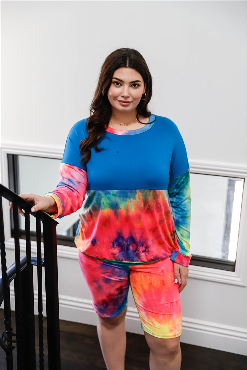 Plus Blue Neon Rainbow Tie-dye Colorblock Long Sleeve Top & Biker Shorts Set | PLUS SIZE, PLUS SIZE SETS, Rainbow, SALE, SALE PLUS SIZE | Style Your Curves