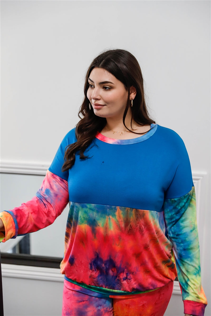 Plus Blue Neon Rainbow Tie-dye Colorblock Long Sleeve Top & Biker Shorts Set | PLUS SIZE, PLUS SIZE SETS, Rainbow, SALE, SALE PLUS SIZE | Style Your Curves