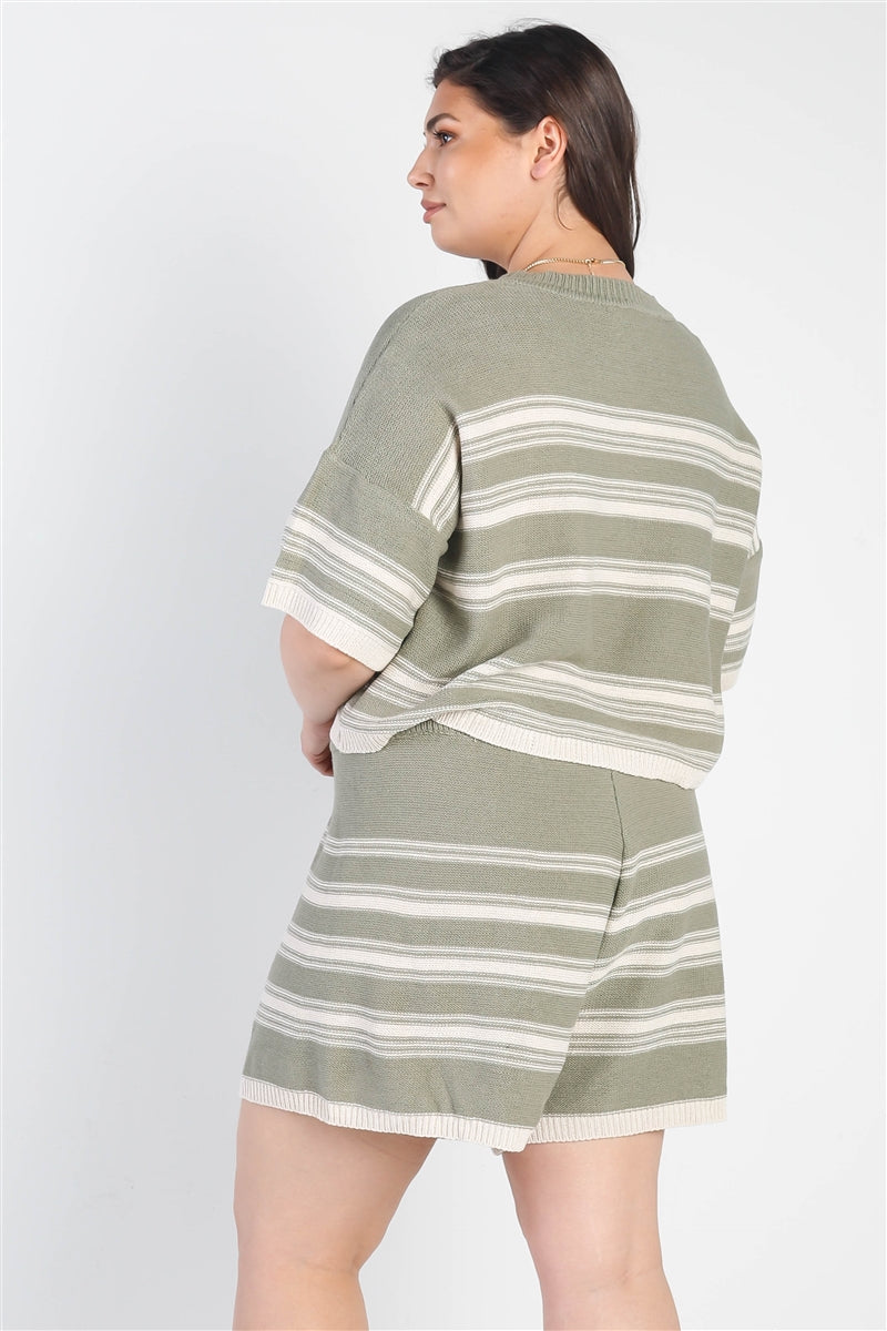 Plus Olive Striped Knit Short Sleeve Crop Top High Waist Shorts Set | Olive, PLUS SIZE, PLUS SIZE SETS, SALE, SALE PLUS SIZE | Style Your Curves