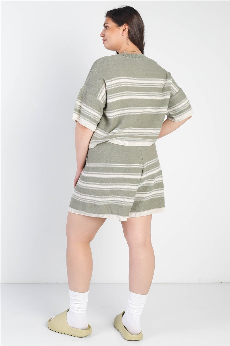 Plus Olive Striped Knit Short Sleeve Crop Top High Waist Shorts Set | Olive, PLUS SIZE, PLUS SIZE SETS, SALE, SALE PLUS SIZE | Style Your Curves