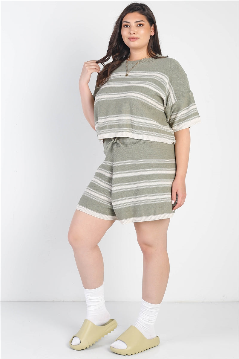 Plus Olive Striped Knit Short Sleeve Crop Top High Waist Shorts Set | Olive, PLUS SIZE, PLUS SIZE SETS, SALE, SALE PLUS SIZE | Style Your Curves