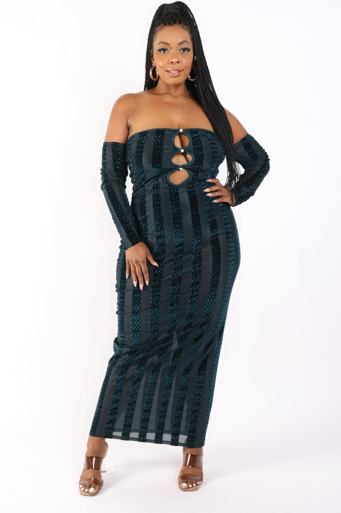 Striped Velvet Off Shoulder Dress | CCPRODUCTS, Hunter, NEW ARRIVALS, PLUS SIZE, PLUS SIZE DRESSES | Style Your Curves
