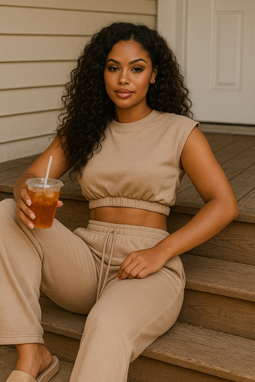 Elastic Hem Crop Top & Wide Leg Pants Set With Faux Drawstring