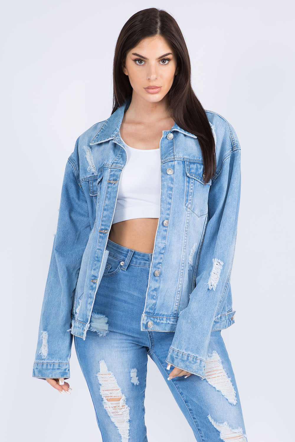 American Bazi Full Size Painted Back Distressed Denim Jacket | American Bazi, NEW ARRIVALS, Ship from USA | Trendsi