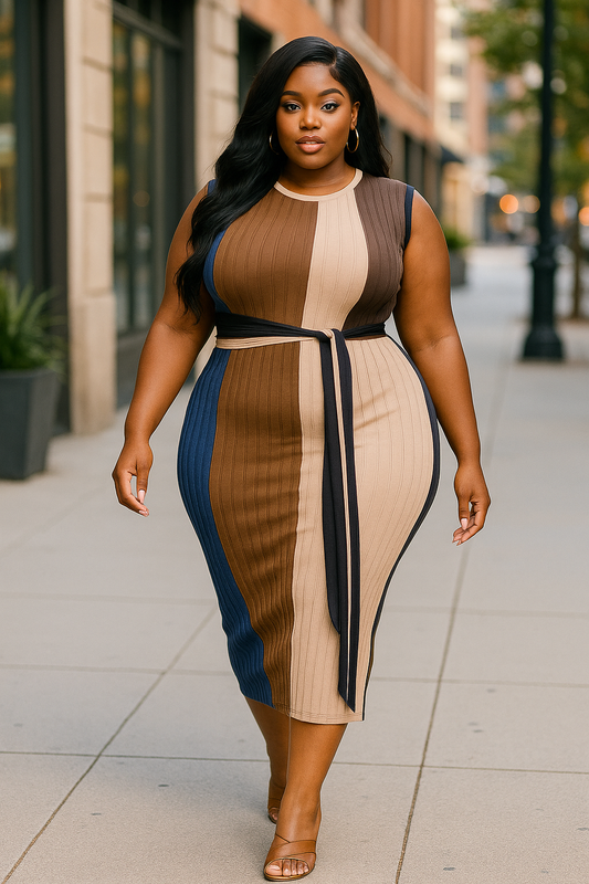 Plus knitted sleeveless colorblock waist tie dress