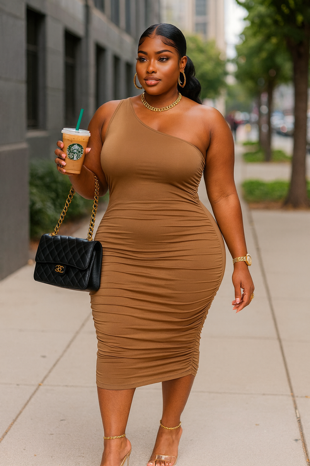 Plus Size Sexy Solid Color Ruched One Shoulder Midi Bodycon Dress