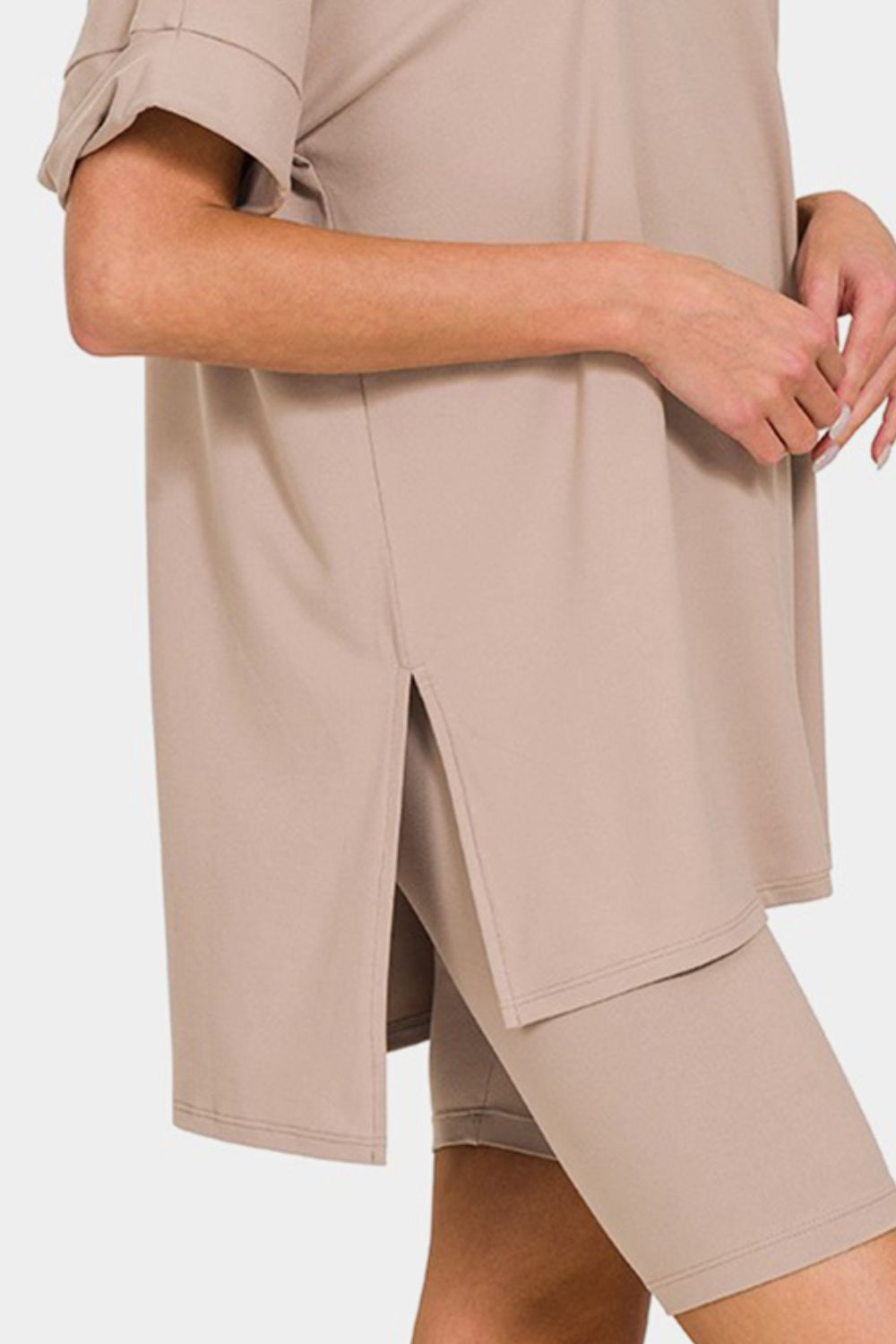 V-Neck Short Sleeve Slit T-Shirt and Shorts Set in Mocha