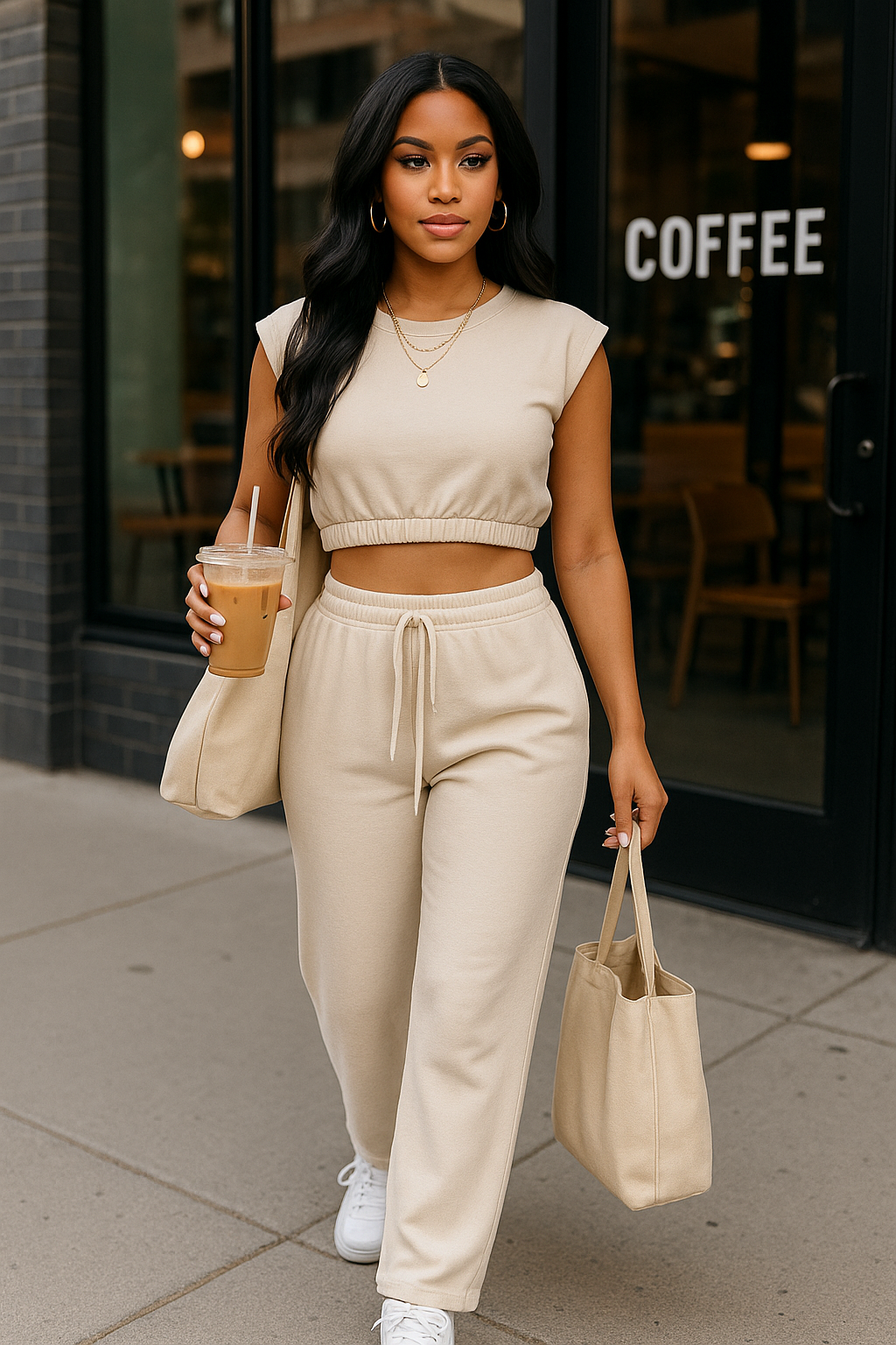 Elastic Hem Crop Top & Wide Leg Pants Set With Faux Drawstring