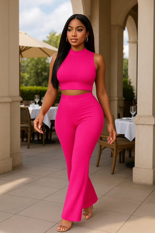 Ribbed Mock Neck Crop Tank Top & Bootcut Pants Set