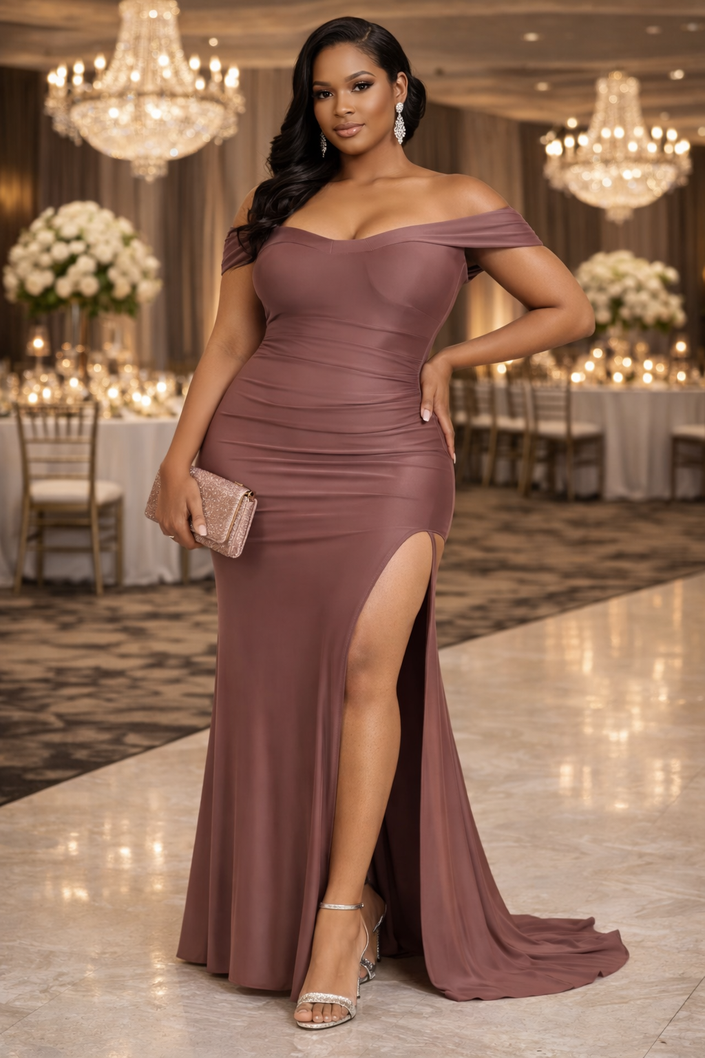 Plus Off Shoulder Draped Cross Wrap Maxidress