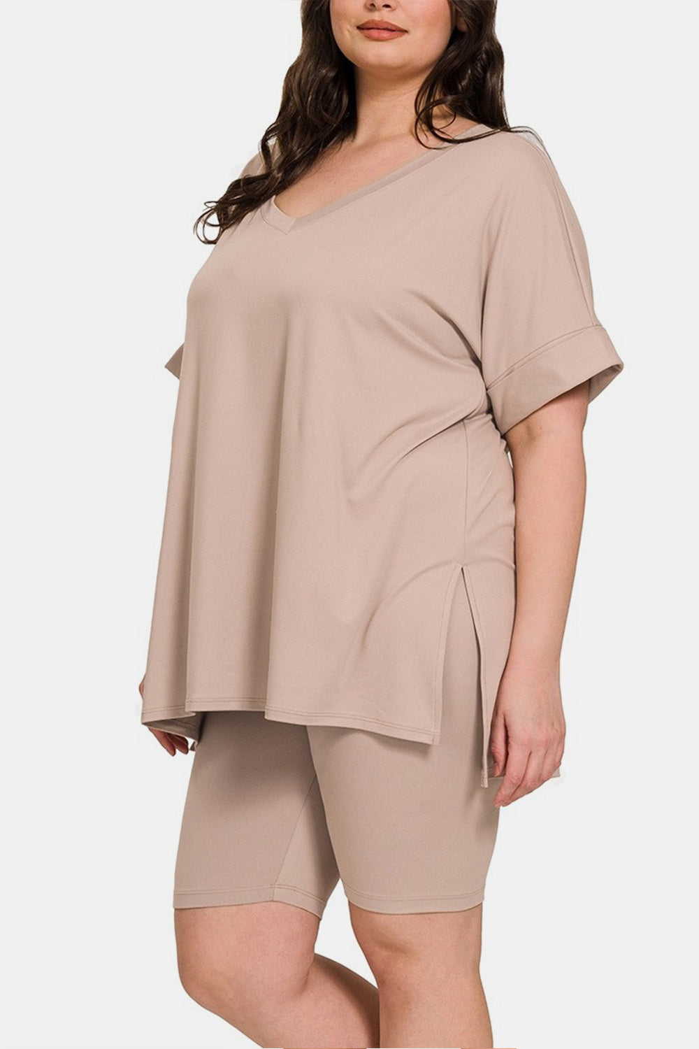 V-Neck Short Sleeve Slit T-Shirt and Shorts Set in Mocha