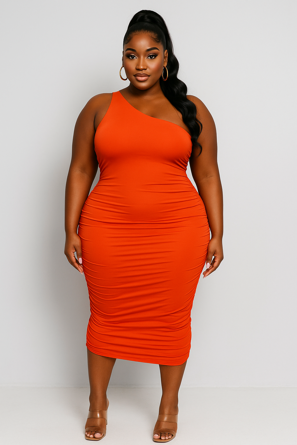 Plus Size Sexy Solid Color Ruched One Shoulder Midi Bodycon Dress