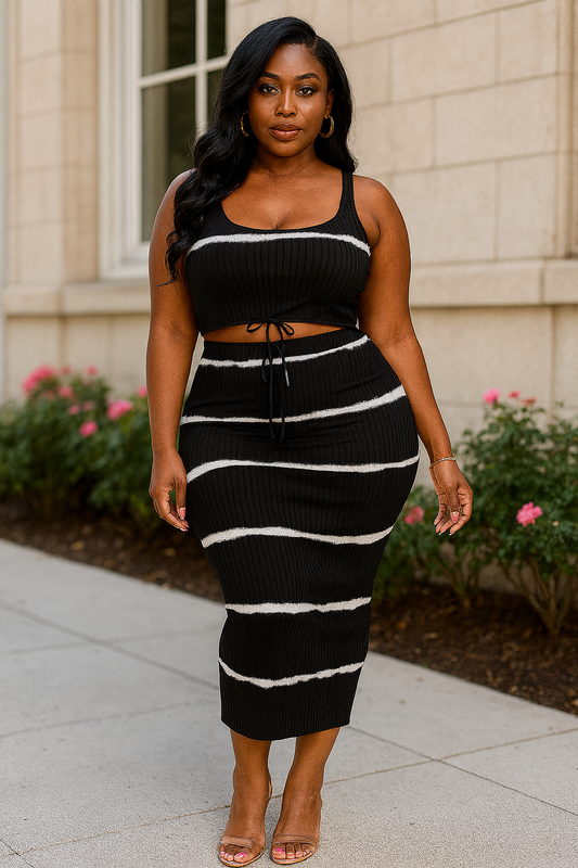 Plus sleeveless tie dye stripe 2 piece skirt set