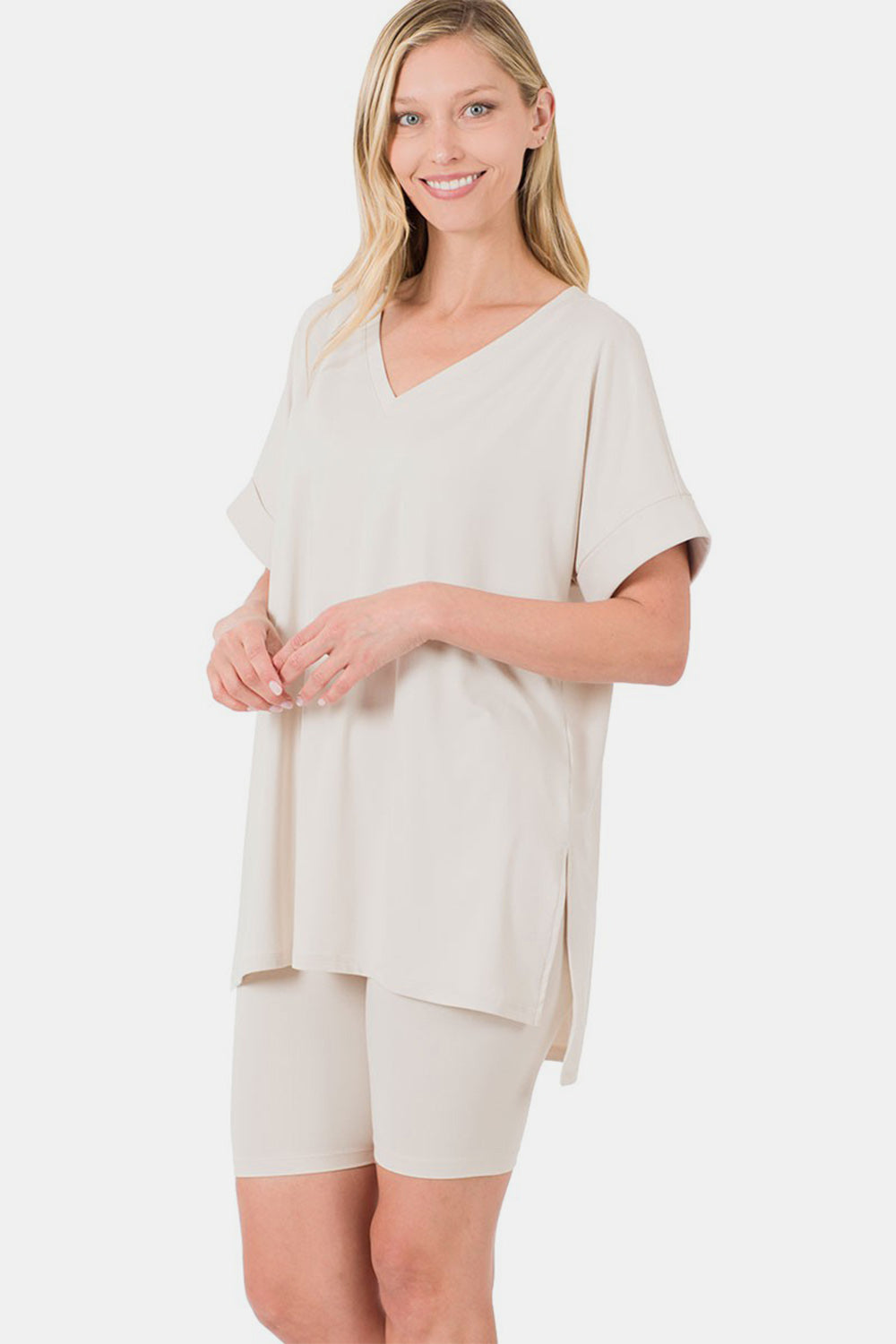Zenana Full Size V-Neck Short Sleeve Slit T-Shirt and Shorts Set | NEW ARRIVALS, Ship from USA, Zenana | Trendsi
