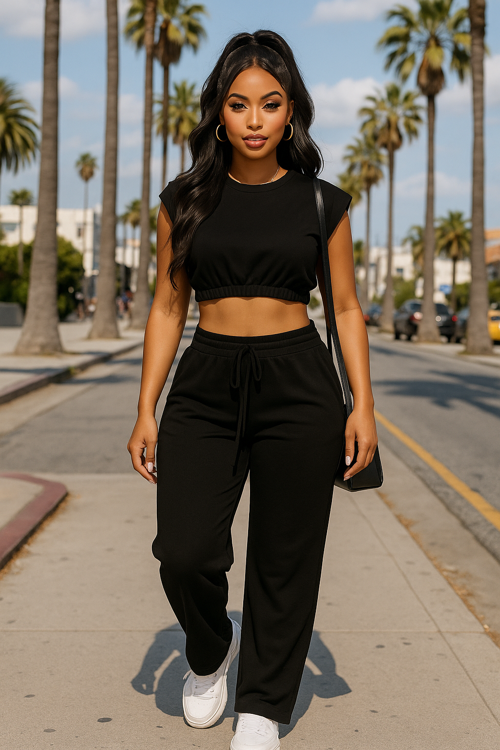 Elastic Hem Crop Top & Wide Leg Pants Set With Faux Drawstring