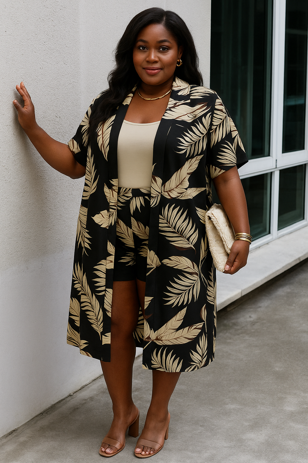 Plus Leaf Print Pockets Elastic Waist Shorts Sets