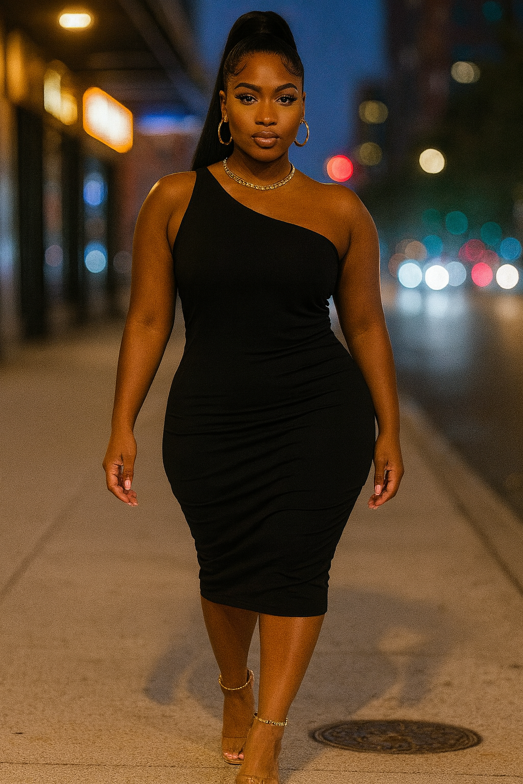 Plus Size Sexy Solid Color Ruched One Shoulder Midi Bodycon Dress