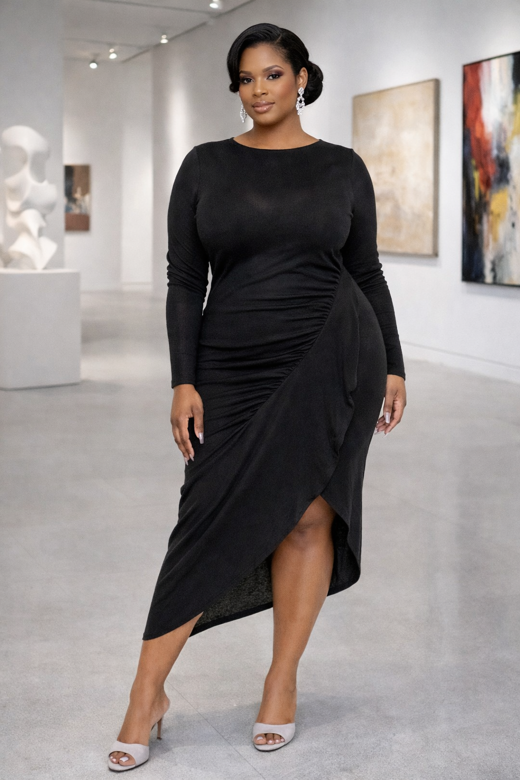 Asymmetrical Sweater Dress With Waterfall Ruffle