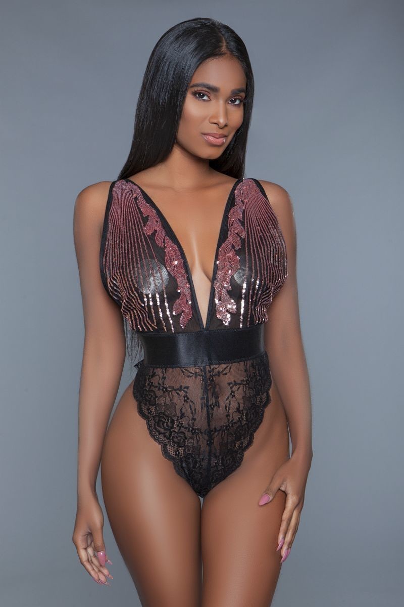 1 Pc. Cut-out Lace Bottoms With Raspberry-pink Sequins Plunging Sheer Neckline | ACCESSORIES, Black, LINGERIE, SALE, SALE 50% OFF, SALE ACCESSORIES | Style Your Curves