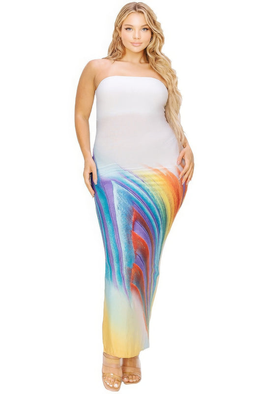 Plus sleeveless color gradient tube top maxi dress | CCPRODUCTS, NEW ARRIVALS, PLUS SIZE, PLUS SIZE DRESSES, White/Multi | Style Your Curves