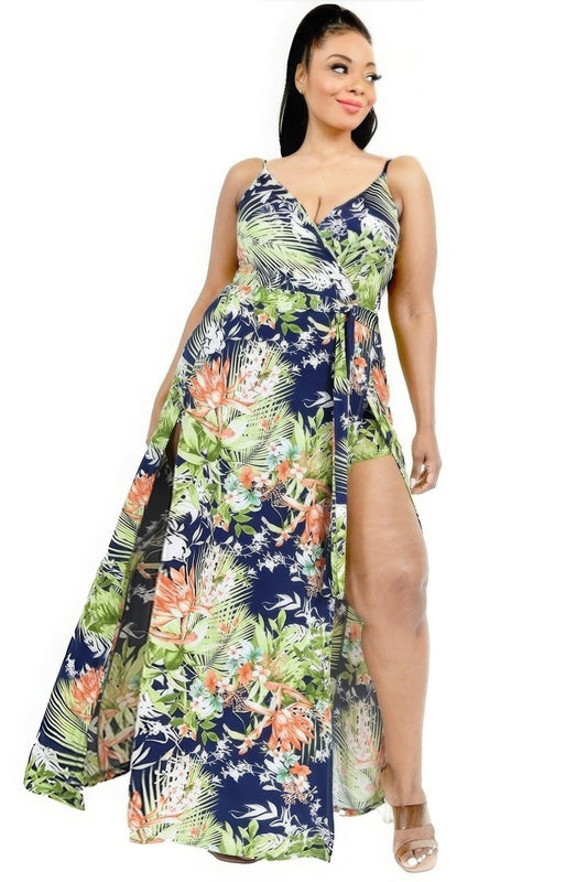 Plus Tropical Leaf Print Surplice Maxi Dress | CCPRODUCTS, Navy/Olive, NEW ARRIVALS, PLUS SIZE, PLUS SIZE DRESSES | Style Your Curves