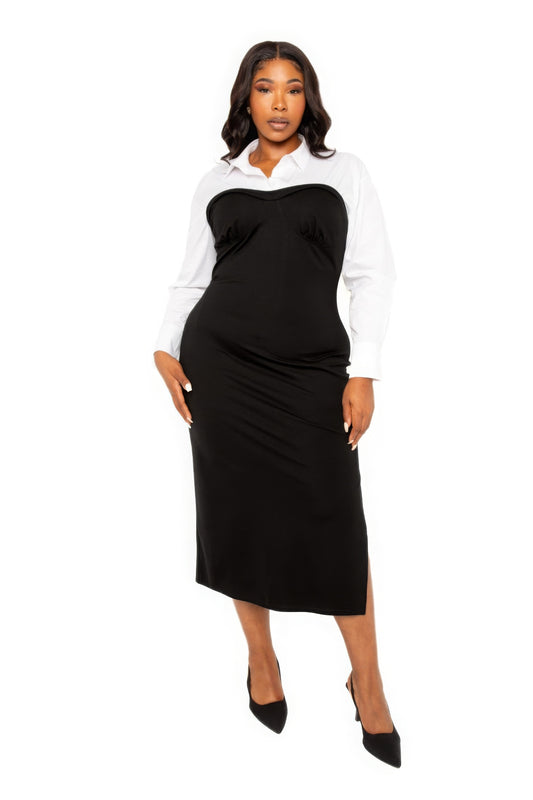 Collared Shirt Bodycon Midi Dress With Side Slit | Black/White, CCPRODUCTS, NEW ARRIVALS, PLUS SIZE, PLUS SIZE DRESSES | Style Your Curves