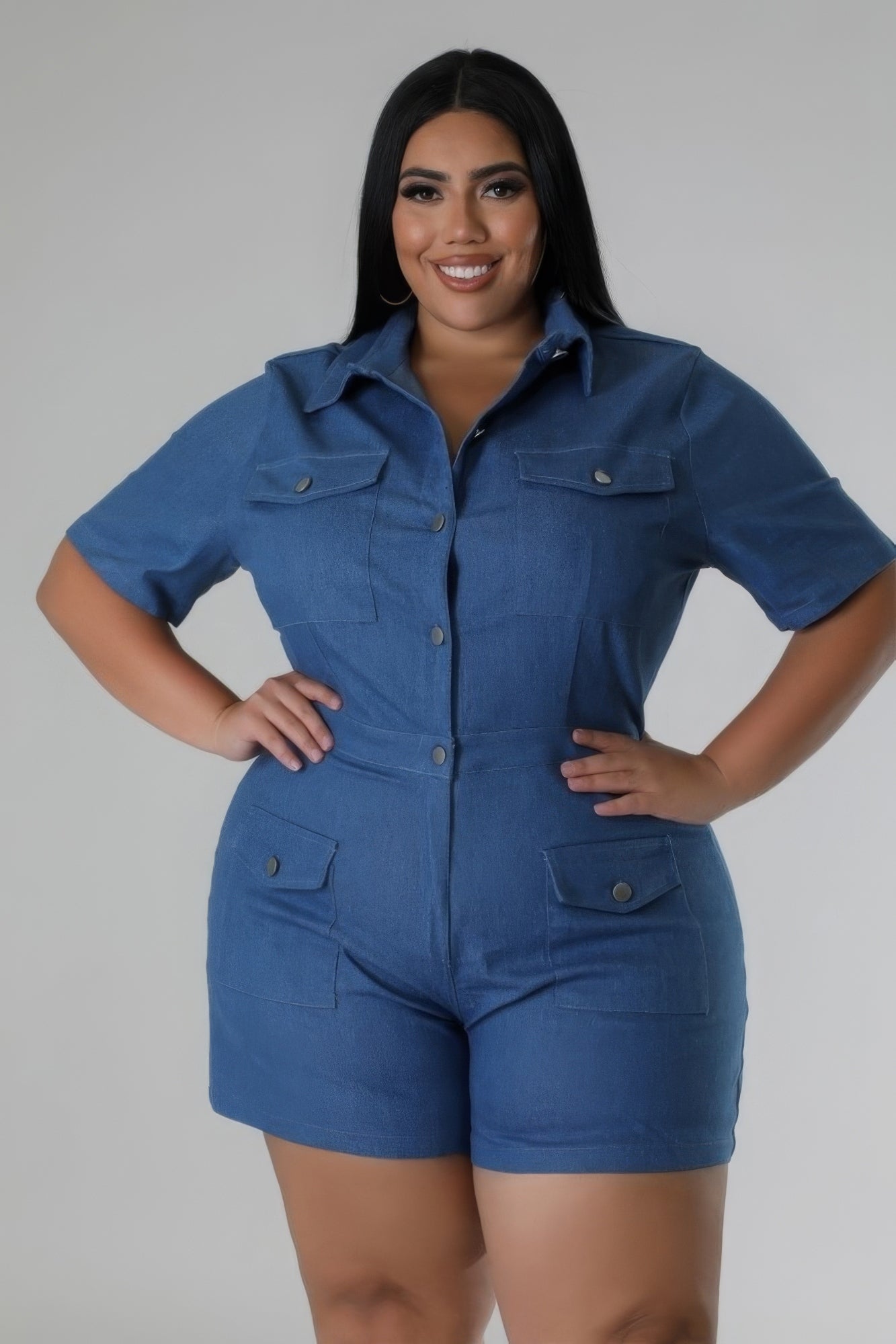 Semi-stretch Romper | CCPRODUCTS, Denim, NEW ARRIVALS, PLUS SIZE, PLUS SIZE JUMPSUITS & ROMPERS | Style Your Curves