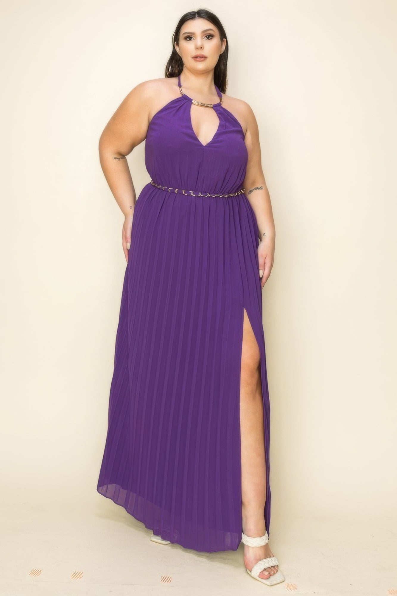 Chiffon Pleated Gold Trim Neck Cut Out Chest Maxi Dress