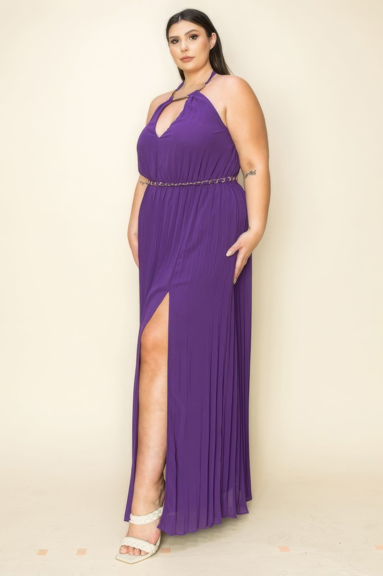 Chiffon Pleated Gold Trim Neck Cut Out Chest Maxi Dress