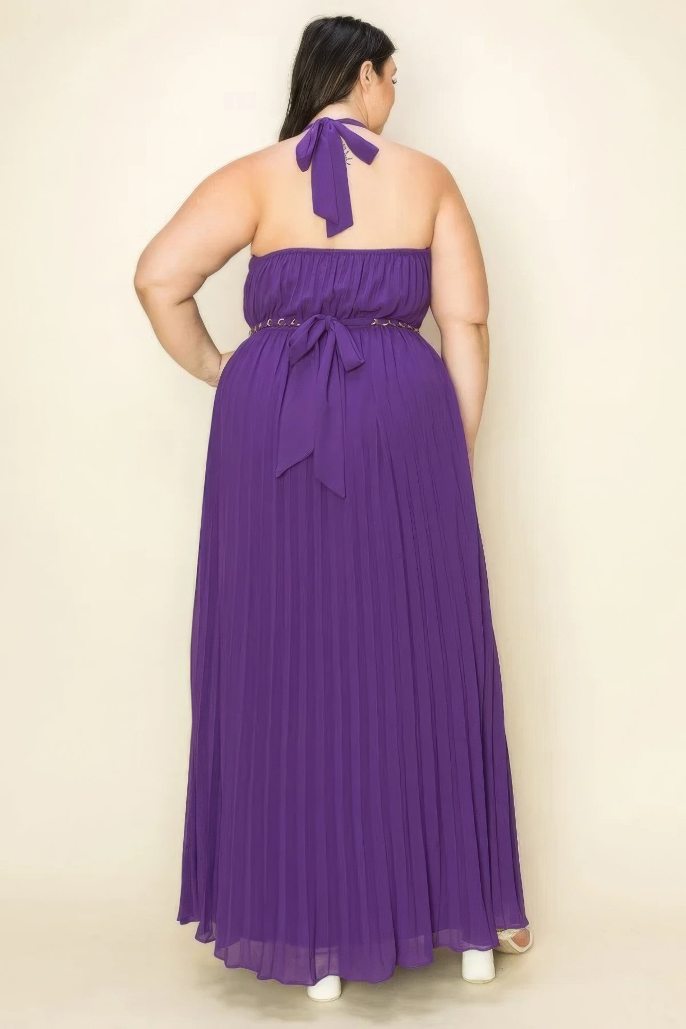 Chiffon Pleated Gold Trim Neck Cut Out Chest Maxi Dress