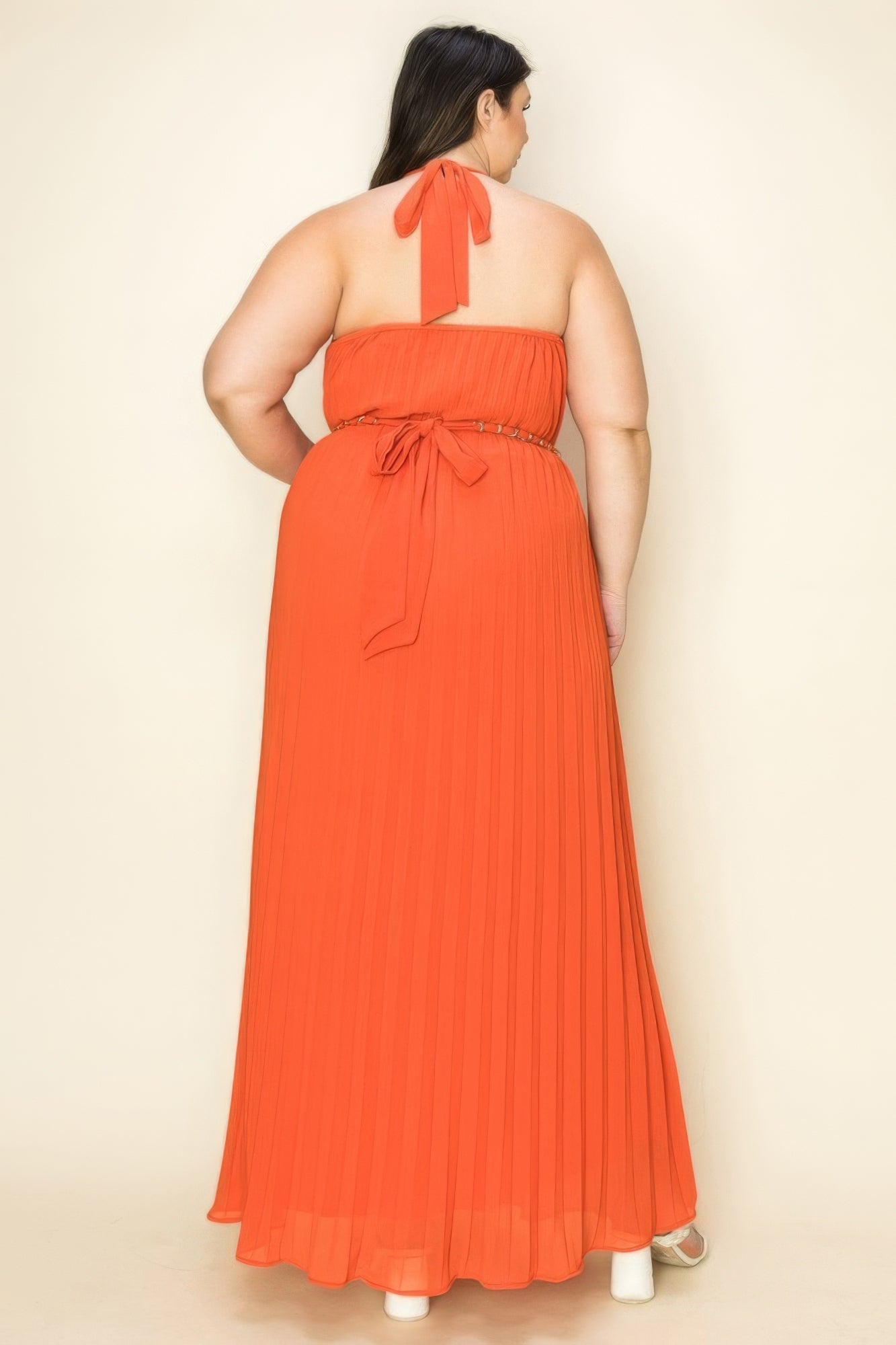 Chiffon Pleated Gold Trim Neck Cut Out Chest Maxi Dress