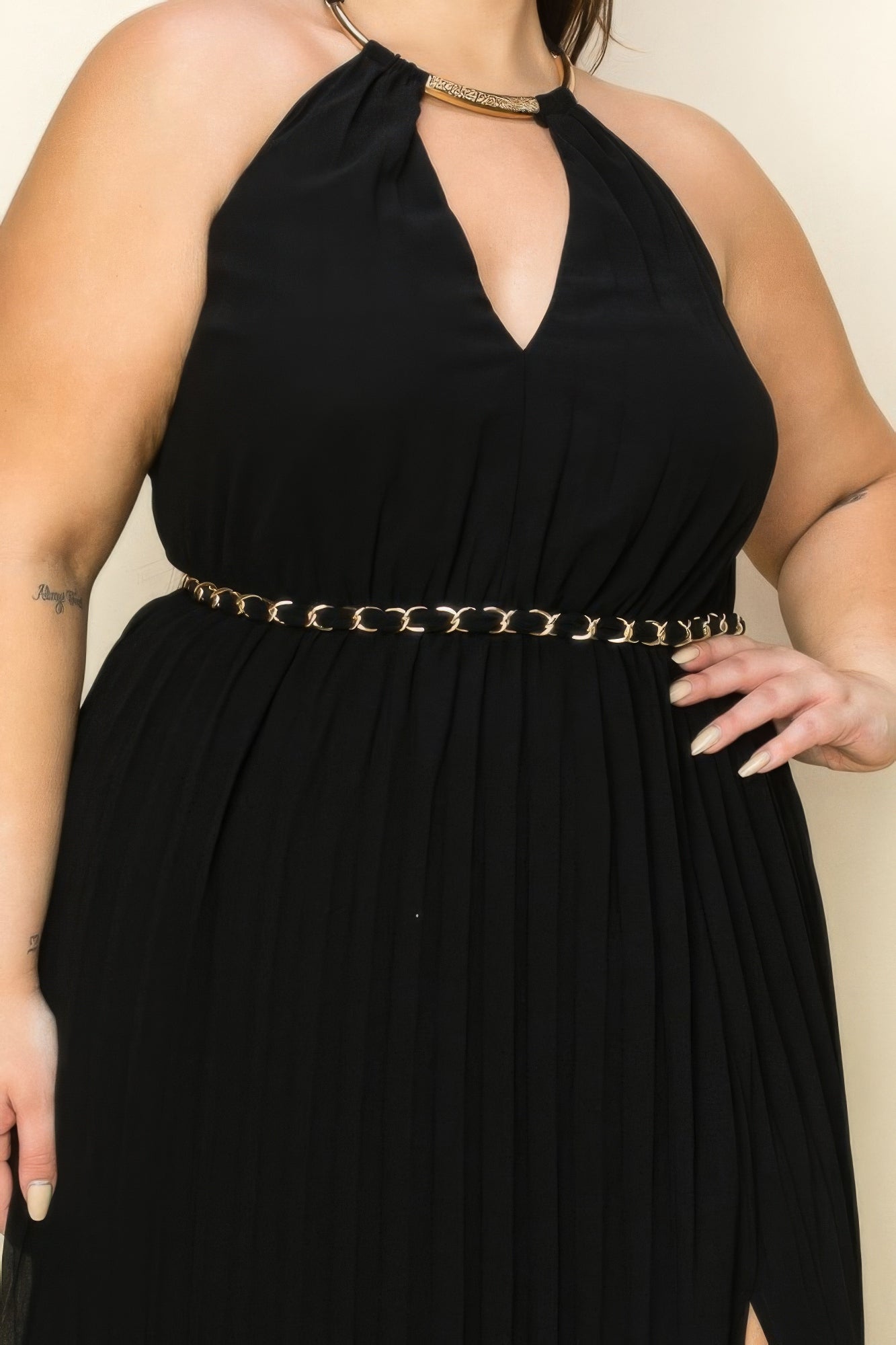 Chiffon Pleated Gold Trim Neck Cut Out Chest Maxi Dress