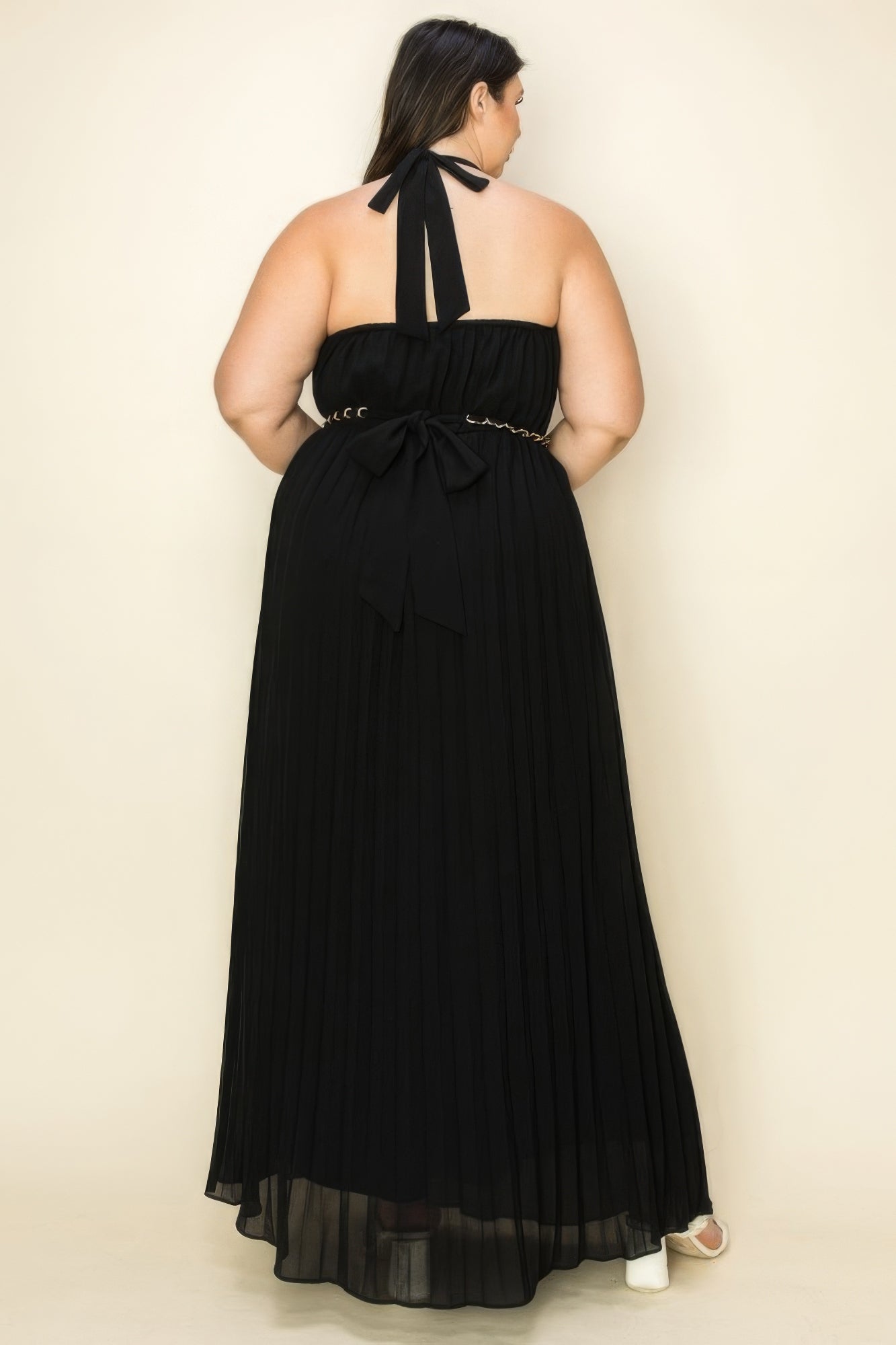 Chiffon Pleated Gold Trim Neck Cut Out Chest Maxi Dress