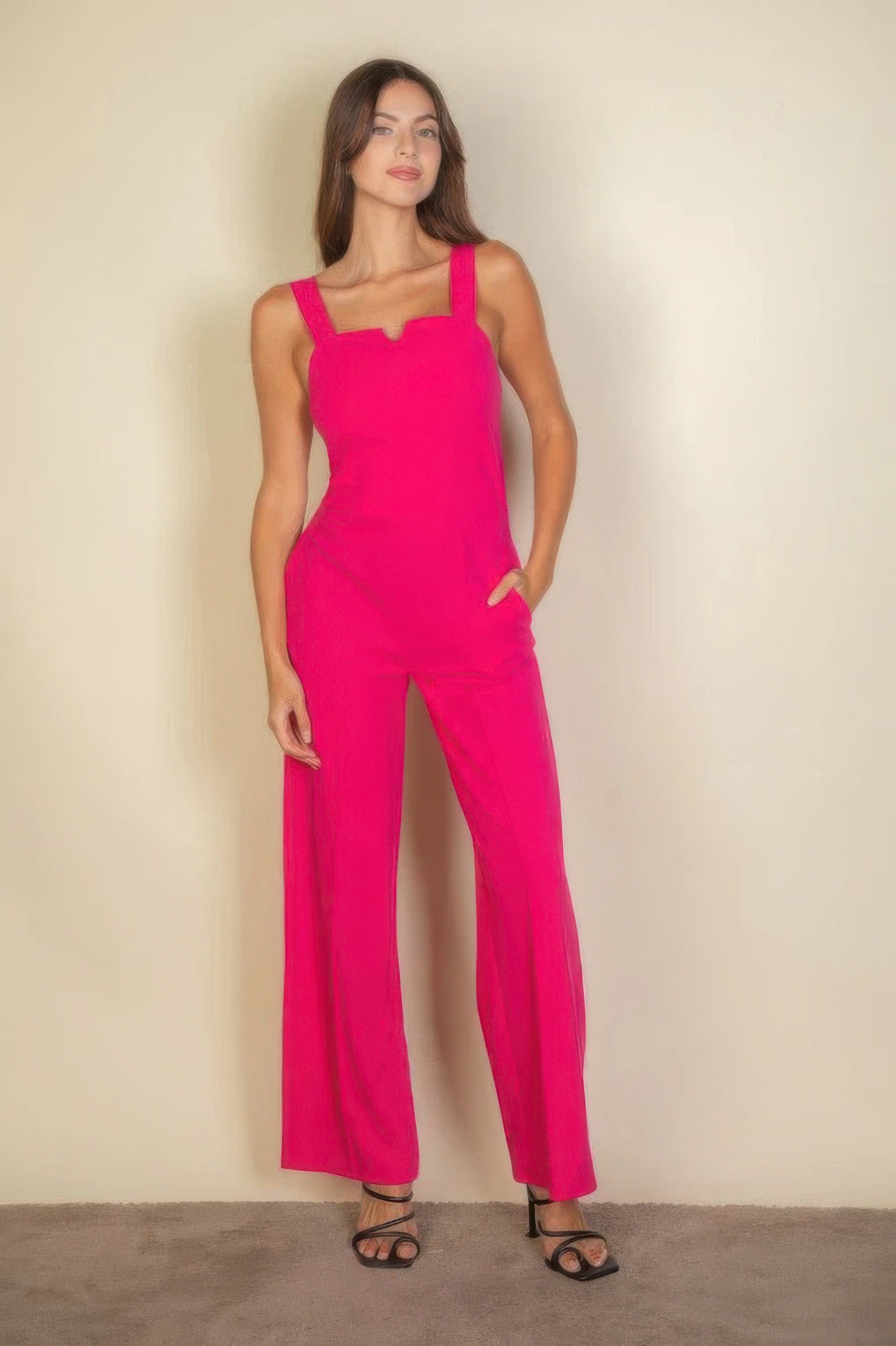 Notched neck cami jumpsuit | APPAREL, Black, CCPRODUCTS, Cloud, Fuchsia, JUMPSUITS & ROMPERS, NEW ARRIVALS, RESTOCKED POPULAR ITEMS, Rust, Taupe | Style Your Curves