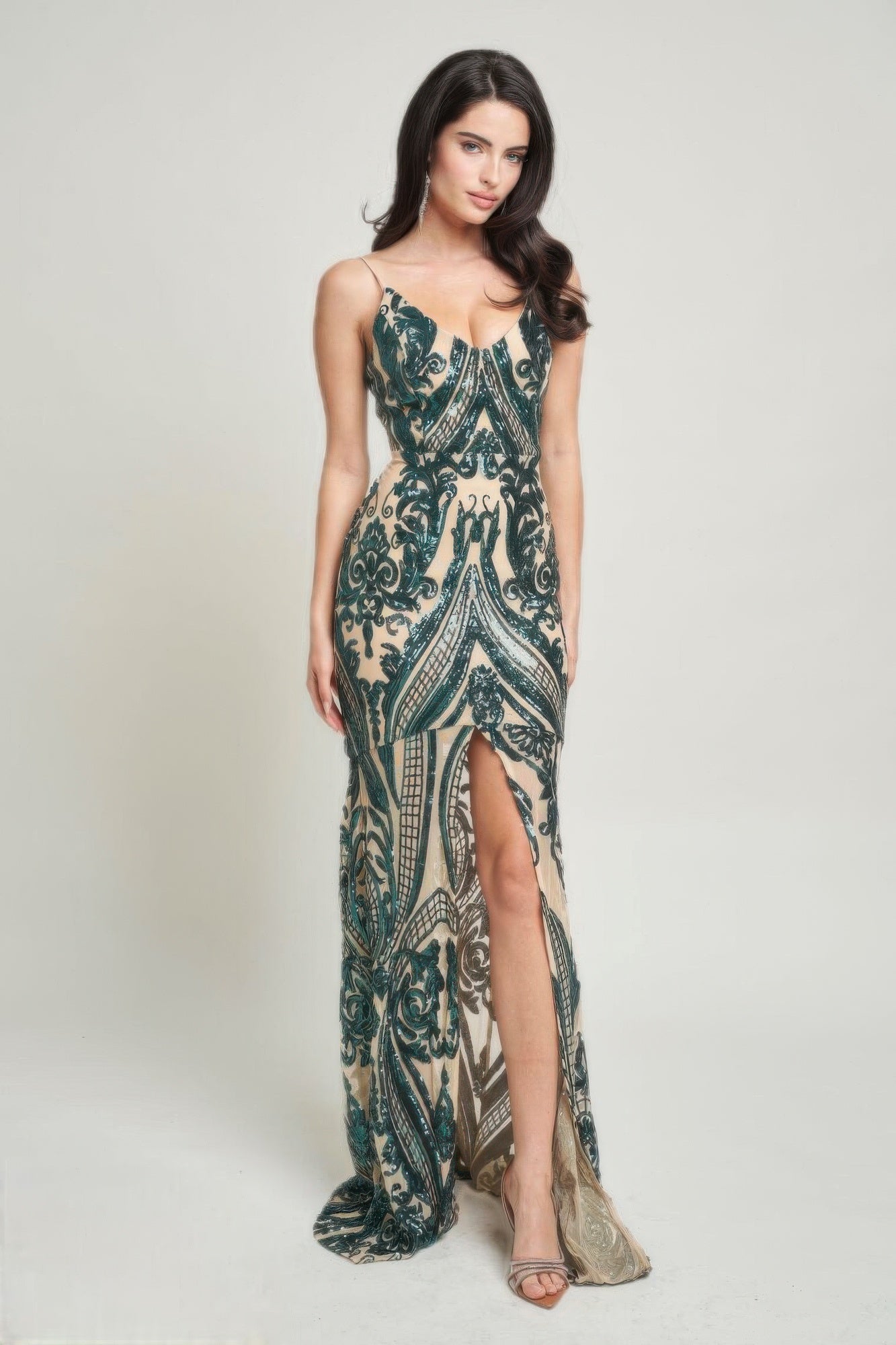 Spaghetti Strap Art Deco Sequins Maxi Dress | APPAREL, Black, CCPRODUCTS, DRESSES, Fuchsia, Hunter, NEW ARRIVALS, Royal | Style Your Curves