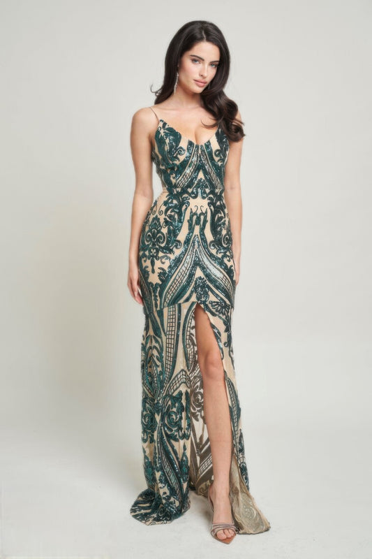 Spaghetti Strap Art Deco Sequins Maxi Dress | APPAREL, Black, CCPRODUCTS, DRESSES, Fuchsia, Hunter, NEW ARRIVALS, Royal | Style Your Curves