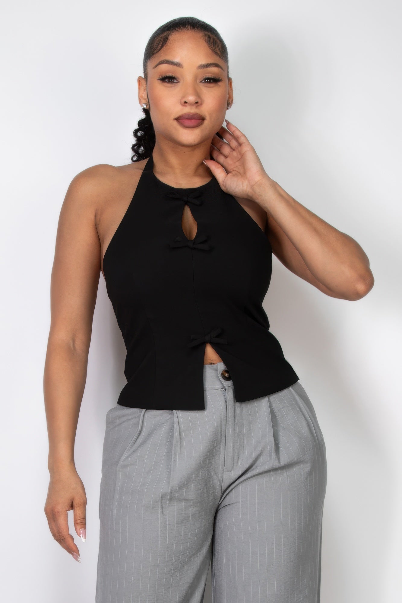 Halter ribbon open-back crop top | APPAREL, Black, CCPRODUCTS, NEW ARRIVALS, Off White, Pink, TOPS | Style Your Curves