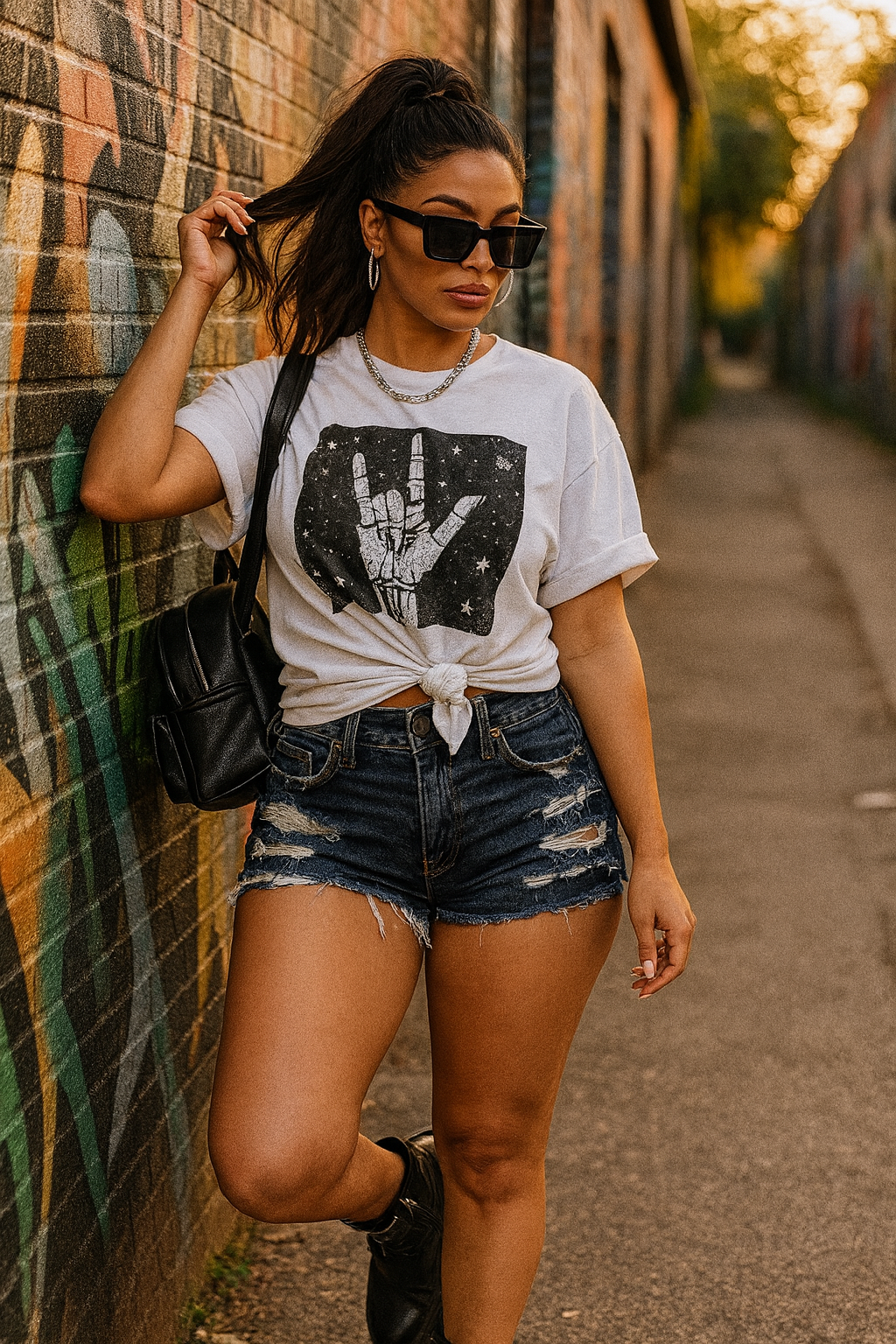 Distressed Side Cutout Denim Shorts - Medium Wash