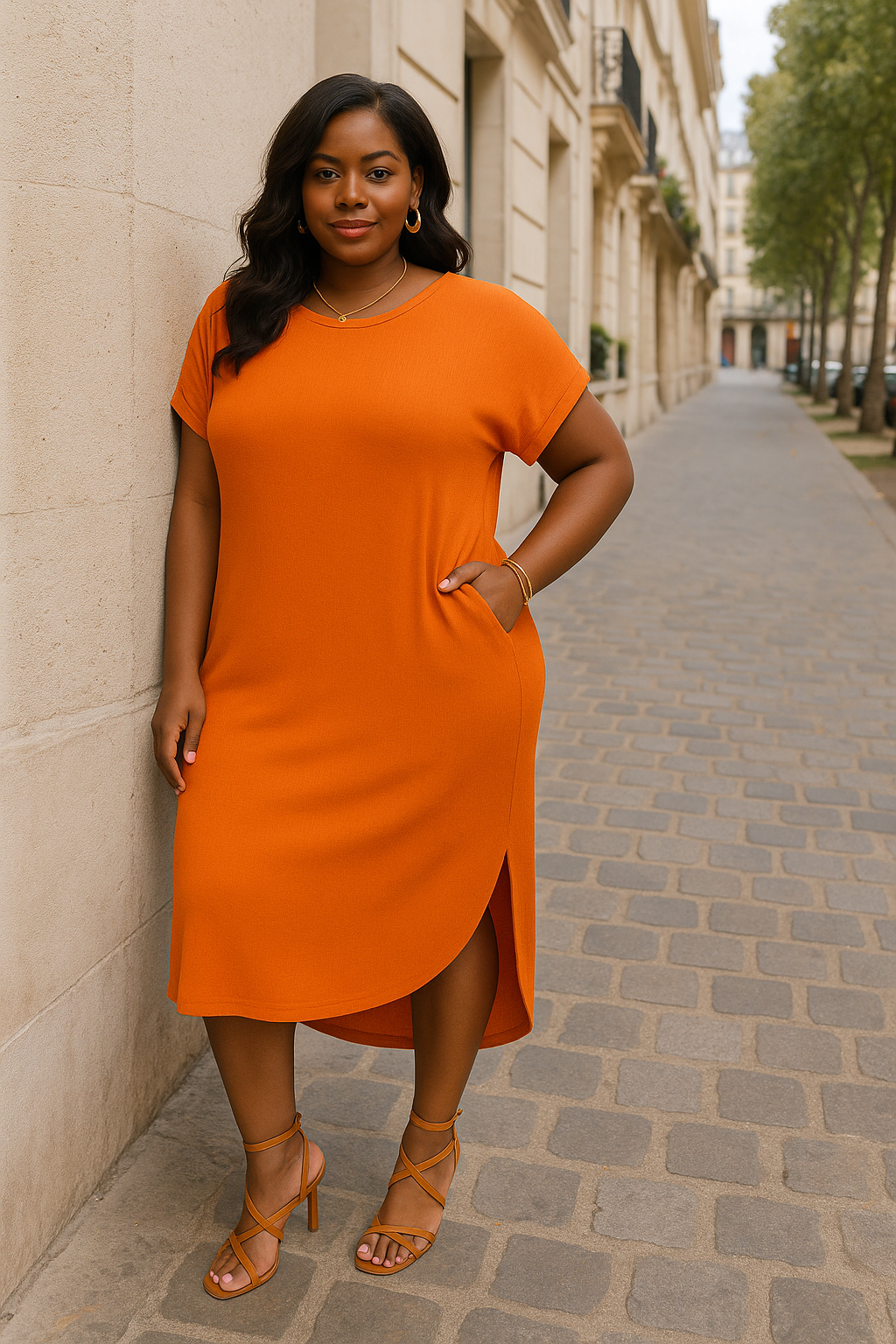 Double Take Full Size Round Neck Short Sleeve Slit Dress