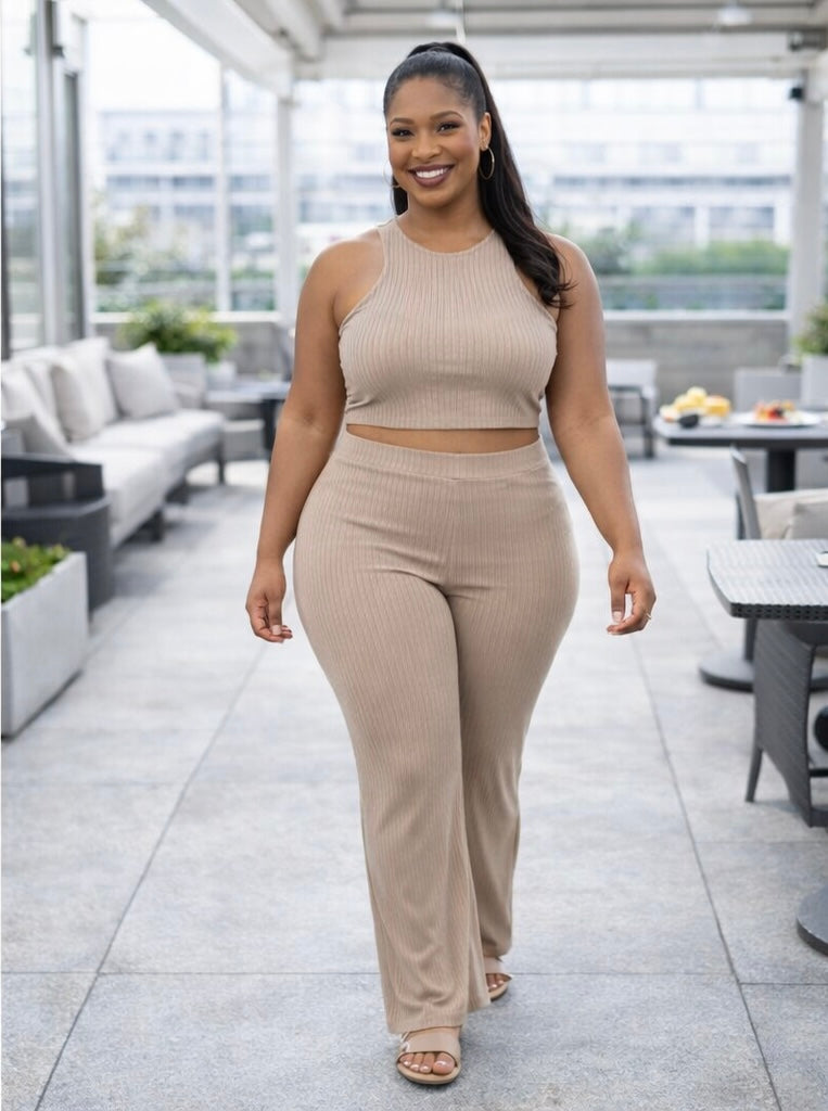 Plus Ribbed Cropped Top And Bootcut Pants Sets