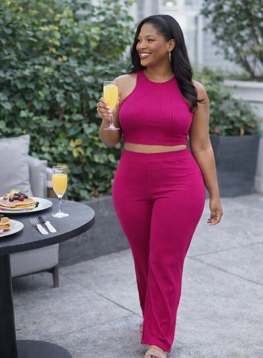 Plus Ribbed Cropped Top And Bootcut Pants Sets