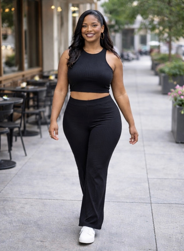 Plus Ribbed Cropped Top And Bootcut Pants Sets